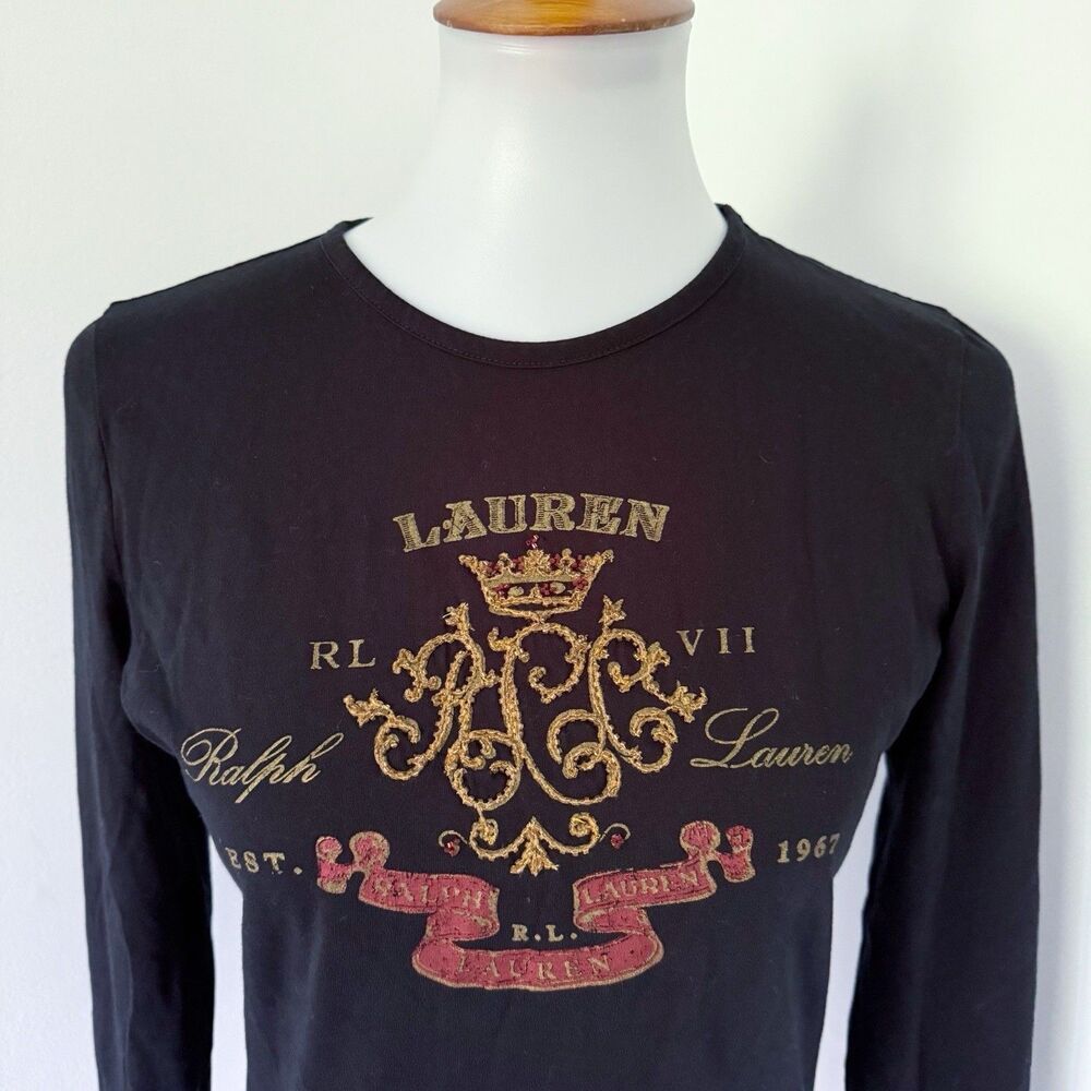 Women's Lauren Ralph Lauren RL Crest Logo Monogram Tee Shirt Black Size M Medium - Picture 9 of 14
